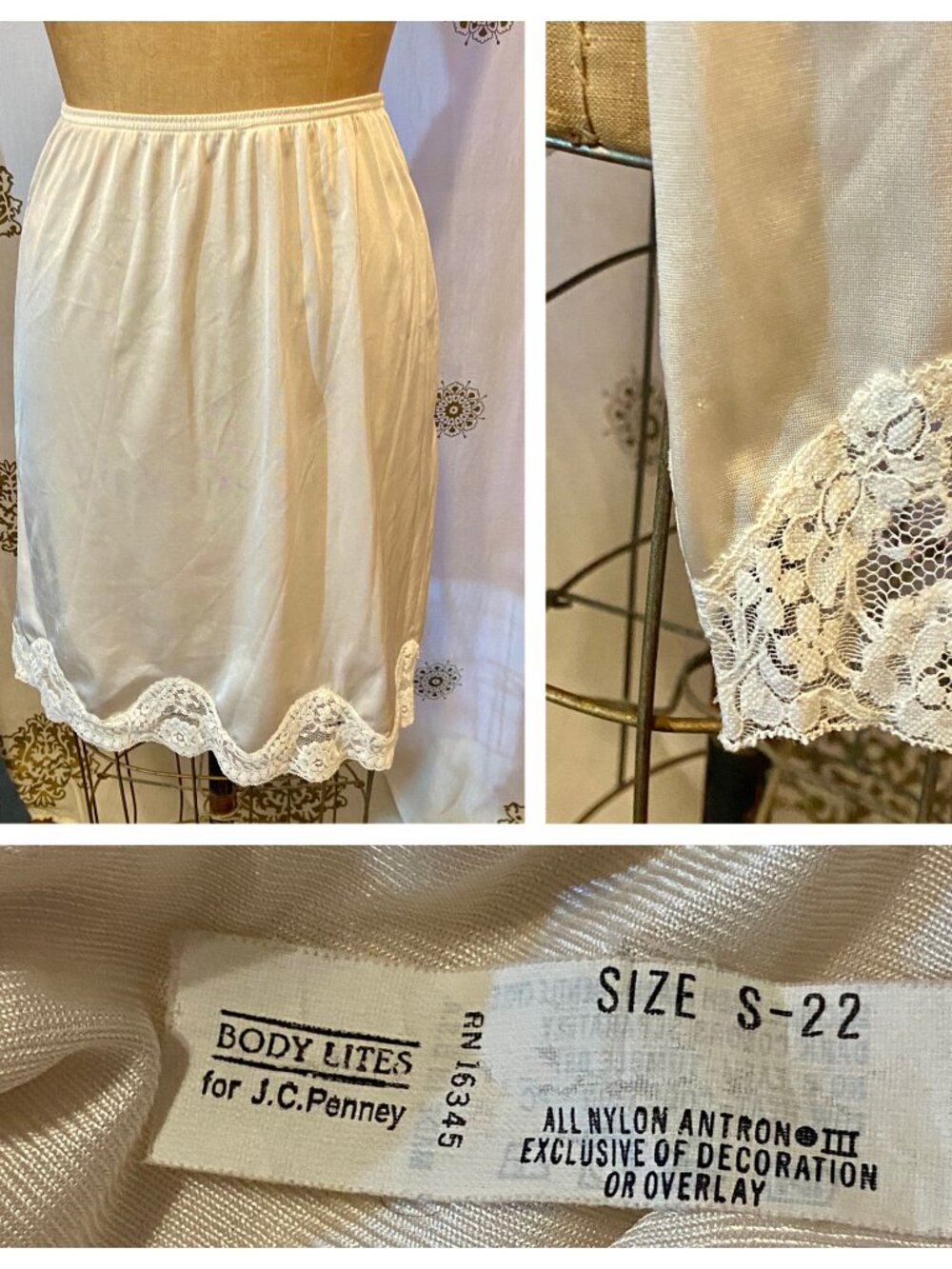 Vintage JC Penney Body Lites Half Slip Skirt Womens S-22 Cream Nylon Lace Trim